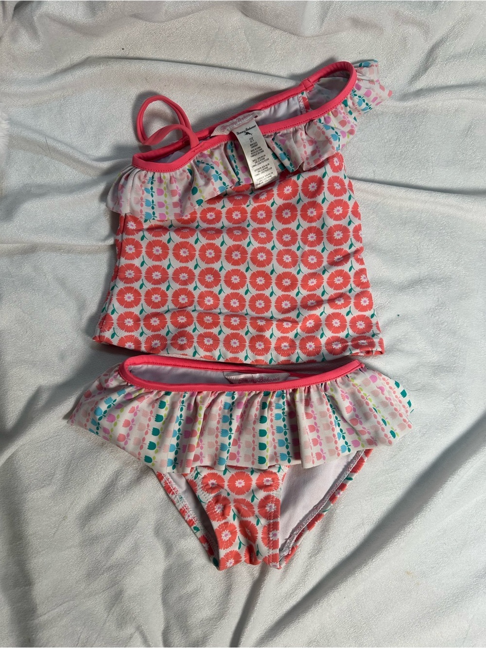 Tommy Bahama Girls Coral Pink Floral One-Shoulder Tankini